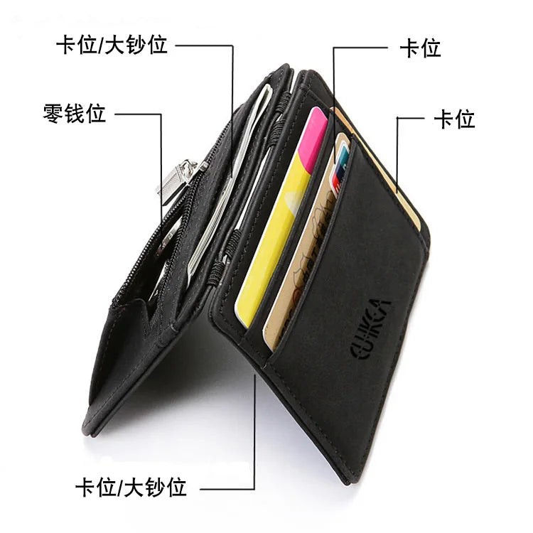 New Fashion Slim Men's Leather Magic Wallet, Designer Credit Card Holder, Small Cash Clip Billfold