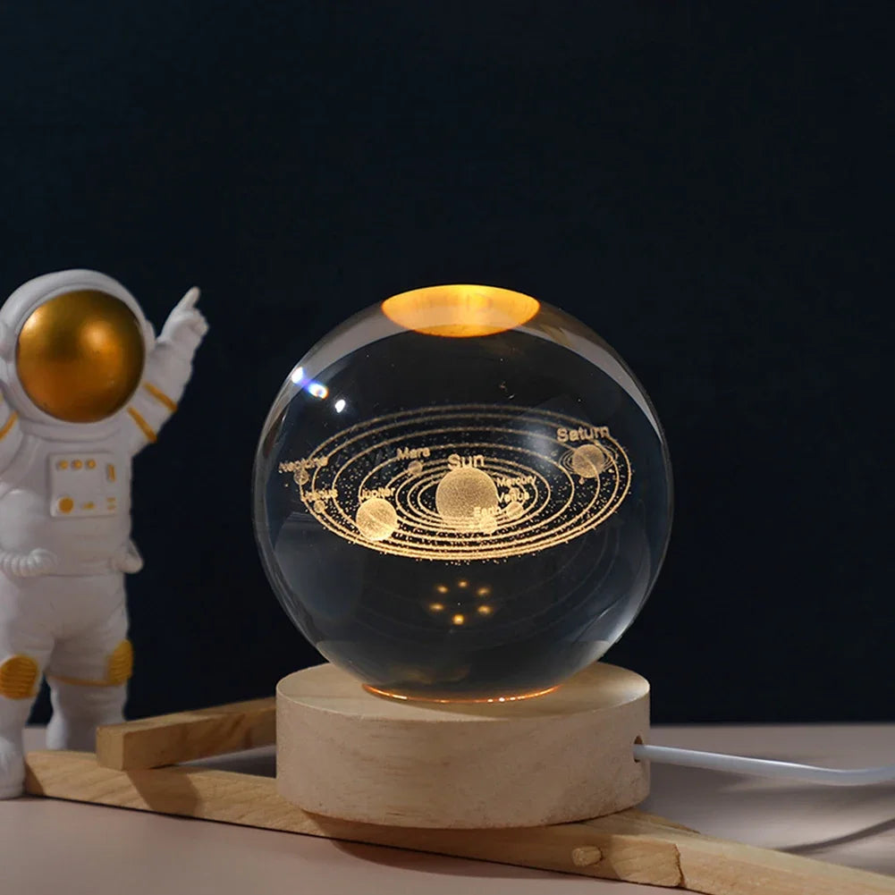 3D Moon Crystal Ball Night Lights Glowing Planet Galaxy Astronaut Solar System Laser Carving Crystal Ball Lighting Birthday Gift