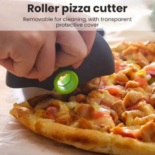 A new portable type of pizza knife with protective hand cover, detachable drum, stainless steel blade, great for cutting up pancakes and waffles for the kids! Take one with you where ever you go!