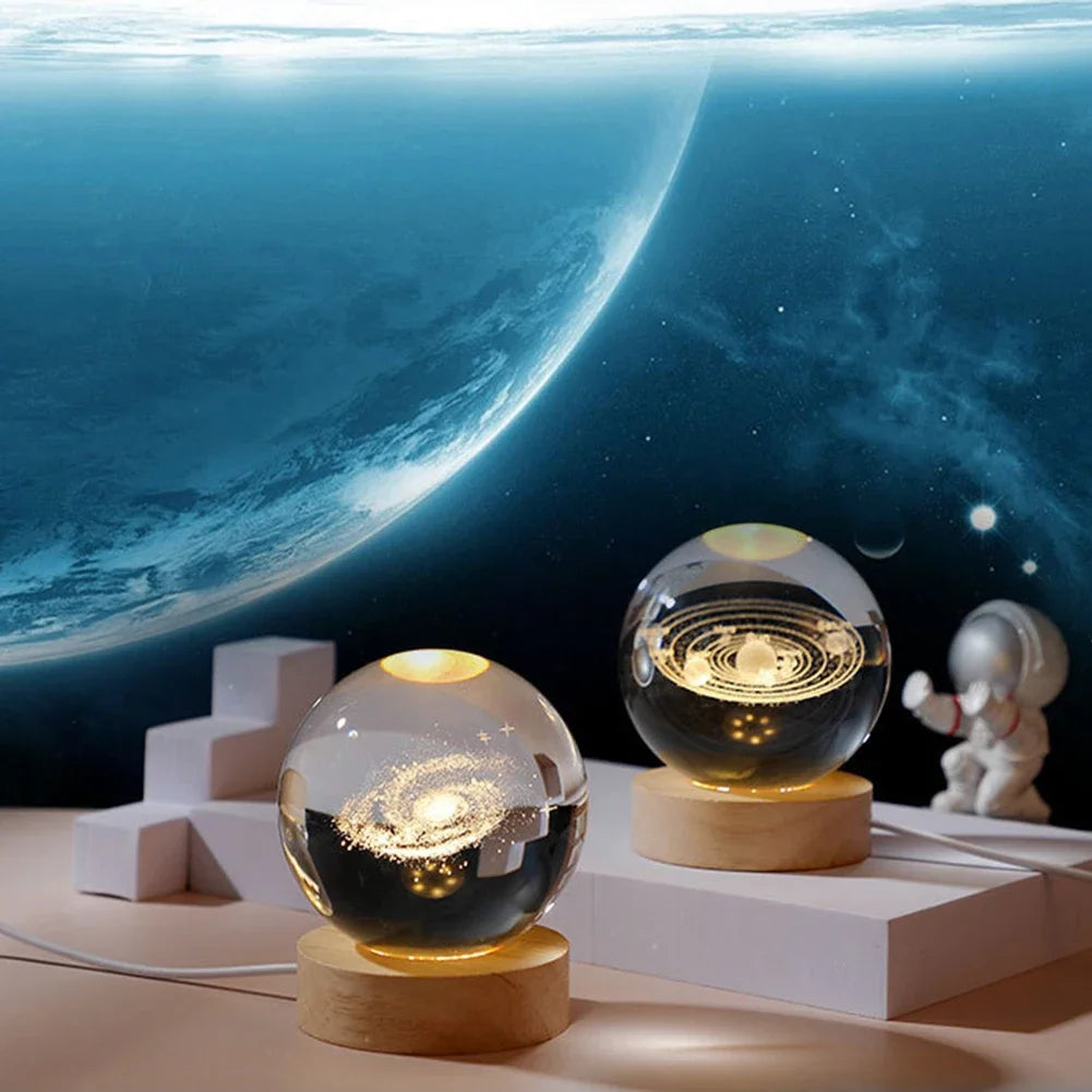 3D Moon Crystal Ball Night Lights Glowing Planet Galaxy Astronaut Solar System Laser Carving Crystal Ball Lighting Birthday Gift