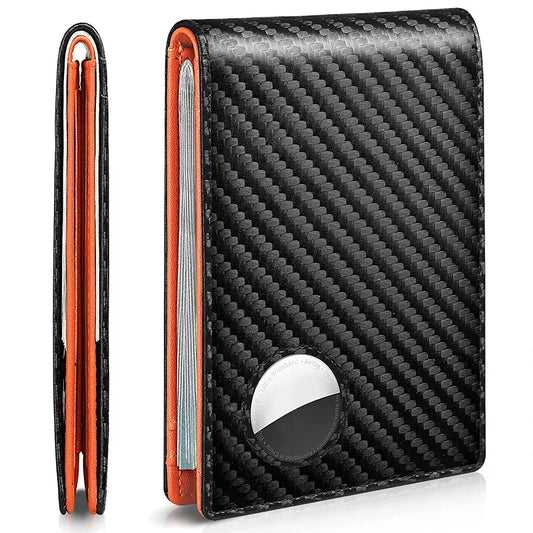 AirTag, RFID Carbon Fiber Leather Men Wallet Credit Card Holder, Black Luxury Minimalist Wallet for Men